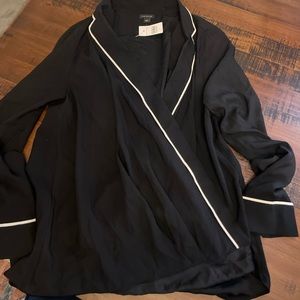 Ann Taylor size Large black blouse white trim.  Partial wrap style NWT